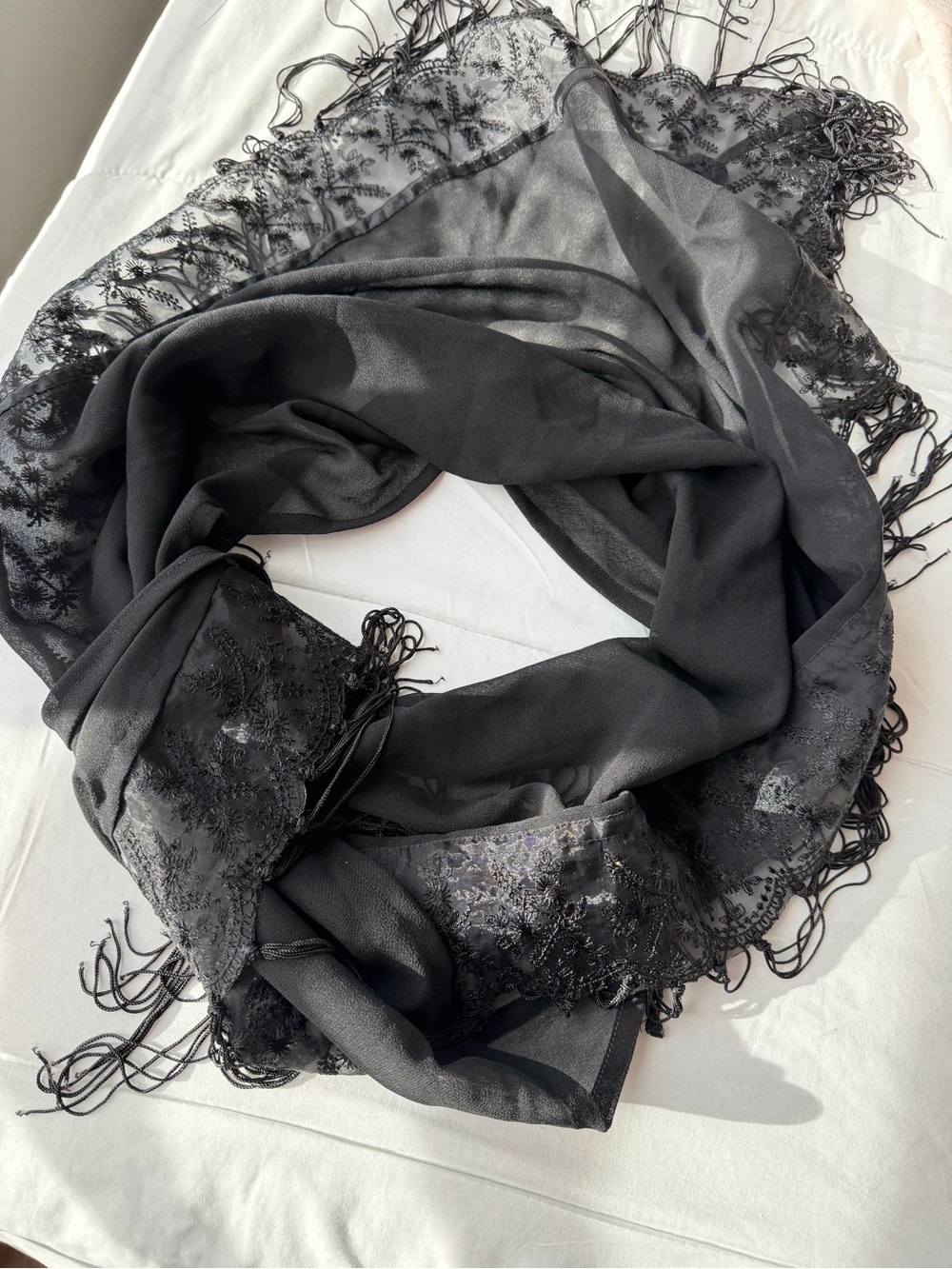 Black Embroidered Fringe Wrap Scarf - Women Accessories